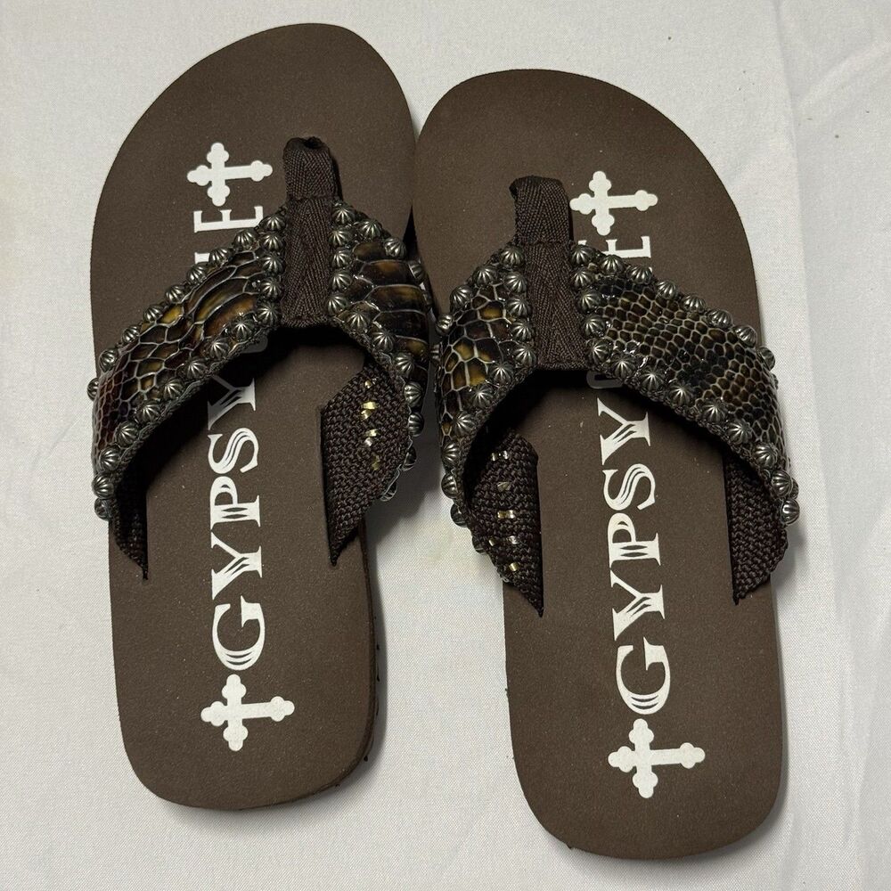 Gypsy Soule Studded Snakeskin Flip Flops Women’s SZ 7 Brown, Western, Sandals - Picture 4 of 16